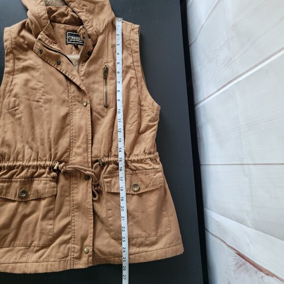 C’EST TOI Women’s S Hooded Khaki/Sherpa Lined Vest, Full Front Zip & Snap Close - Picture 9 of 9